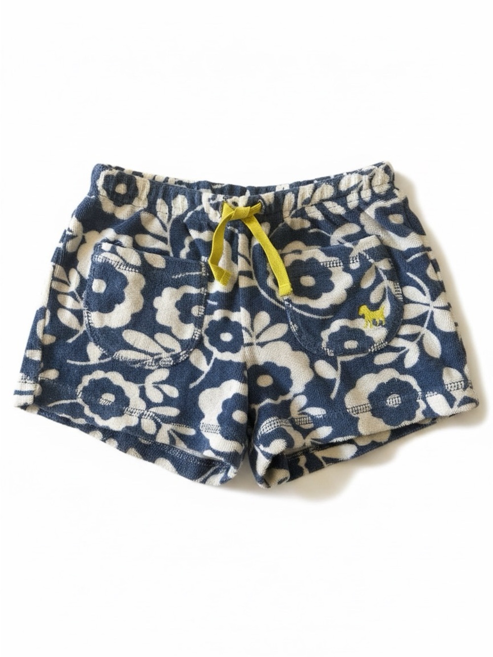 Mini Boden Navy and White Floral Terry Shorts with Yellow Drawstring